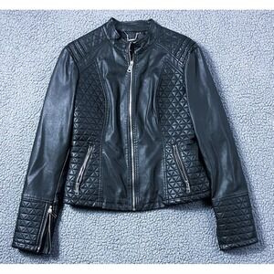 LA Coalition Black Faux Leather Quilted Moto Biker Jacket Womens Large
